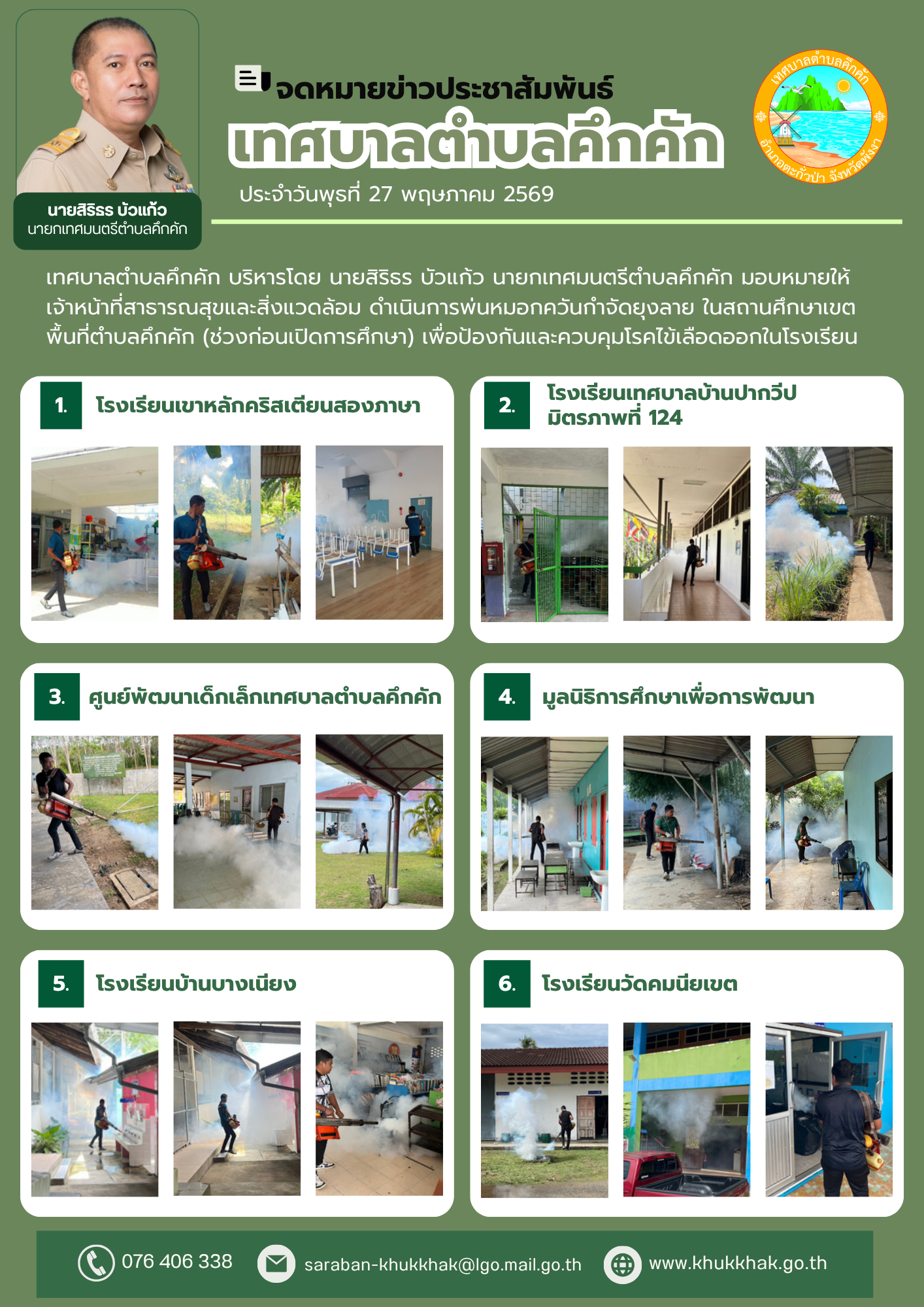 เทศบาลตำบลคึกคัก กองสาธารณสุขและสิ่งแวดล้อม เทศบาลตำบลคึกคัก ดำเนินการพ่นหมอกควันกำจัดยุงลาย ในสถานศึกษาเขตพื้นที่ตำบลคึกคัก